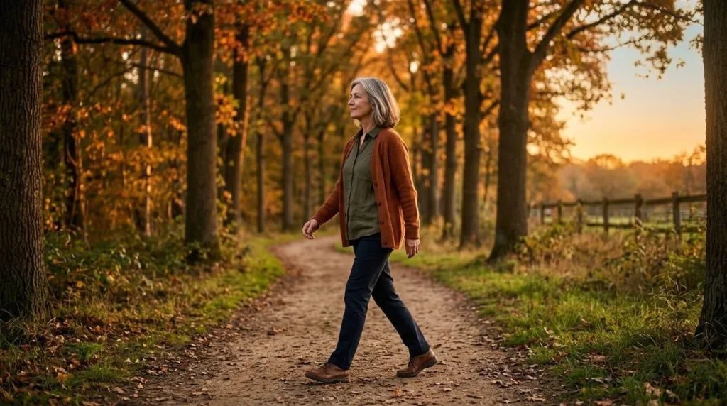 Ženska samozavestno hodi po jesenski drevoredni poti in zaupa vase